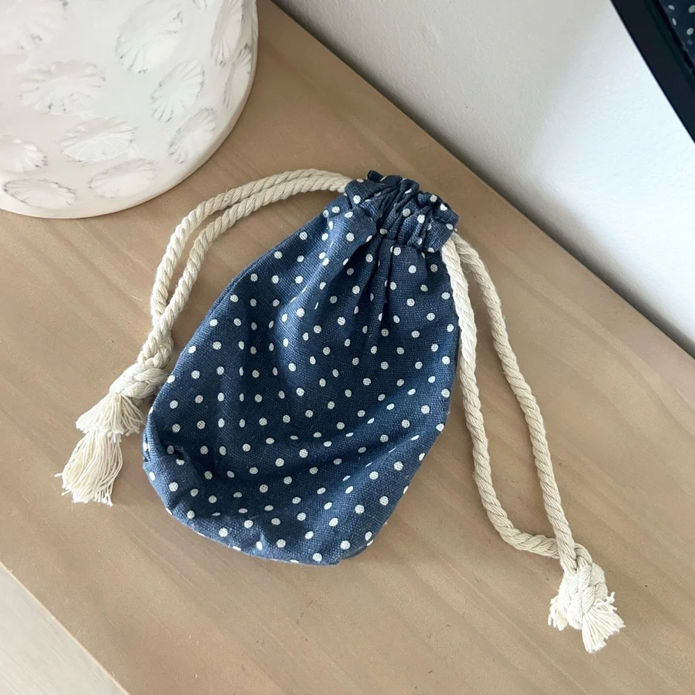 Kids Polka Dot Navy Drawstring Pouch Bag with Flower Button